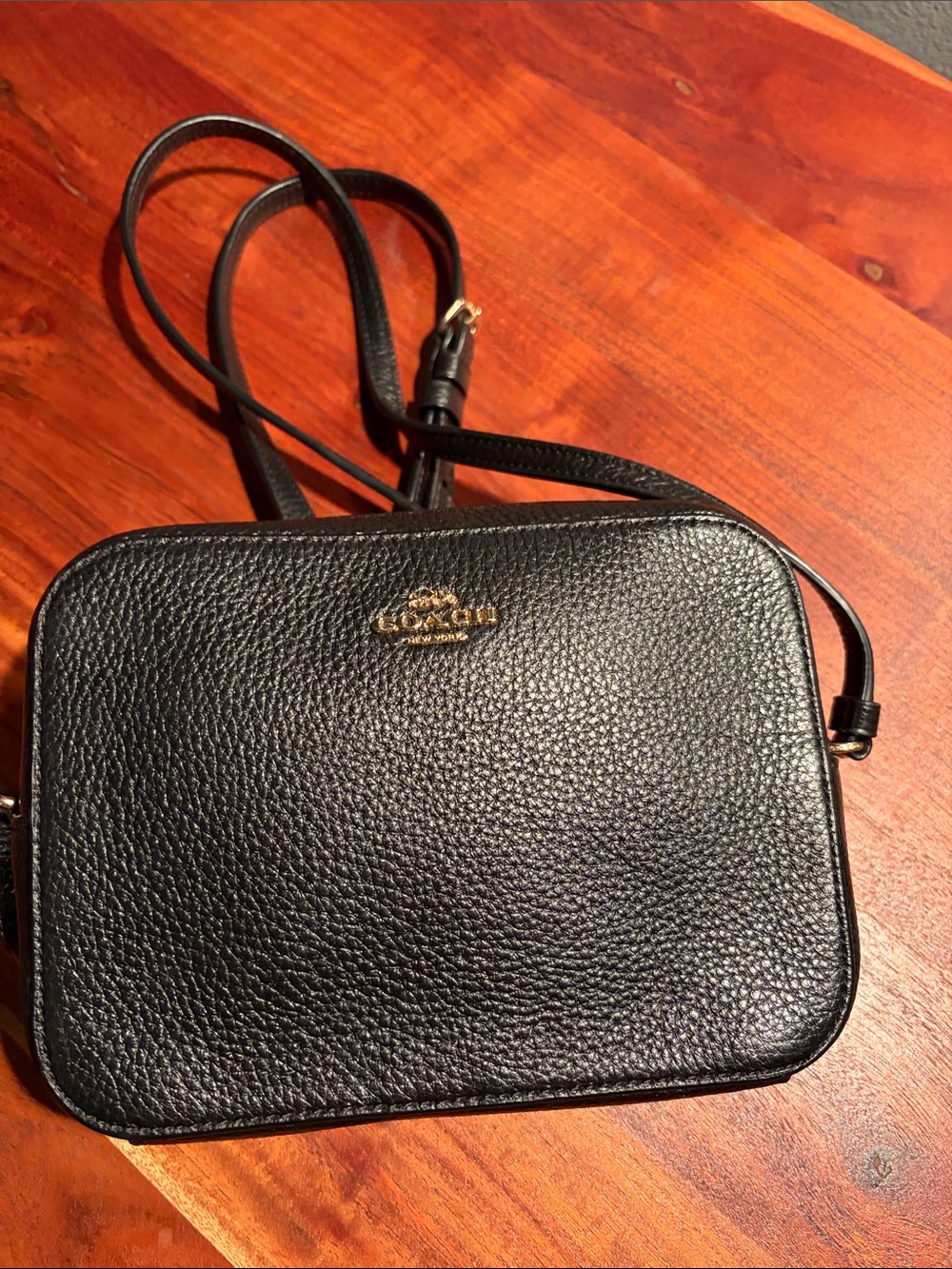 Coach Black Pebbled Leather Camera Crossbody with Gold Logo